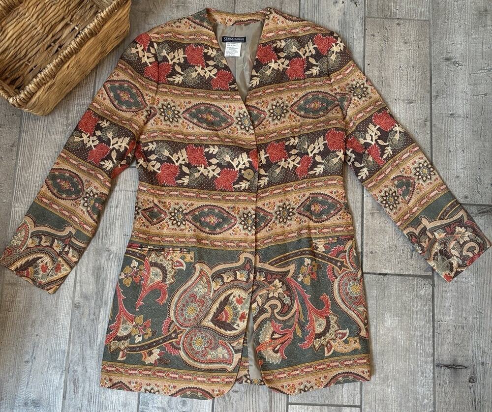 Vintage Giorgio Armani 40 Lightweight Collarless Paisley Long Blazer Jacket